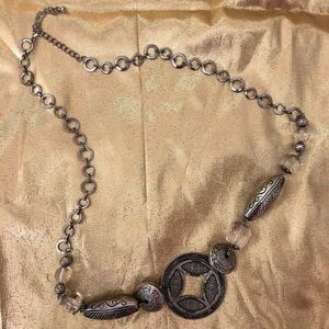 Chunky Clear and Silver-Colored Beaded Statement Necklace Geometric Designs